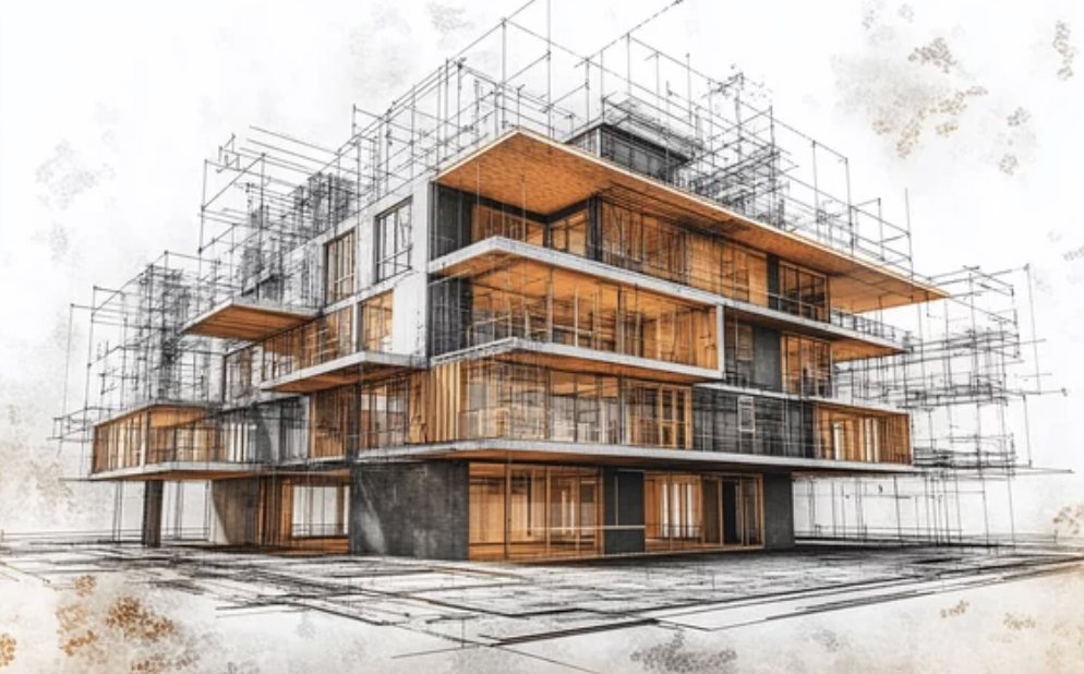 Architectural blueprint rendering of a multistory building